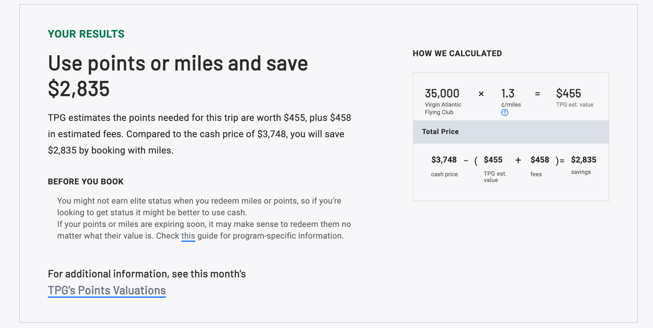 TPG calculator screenshot